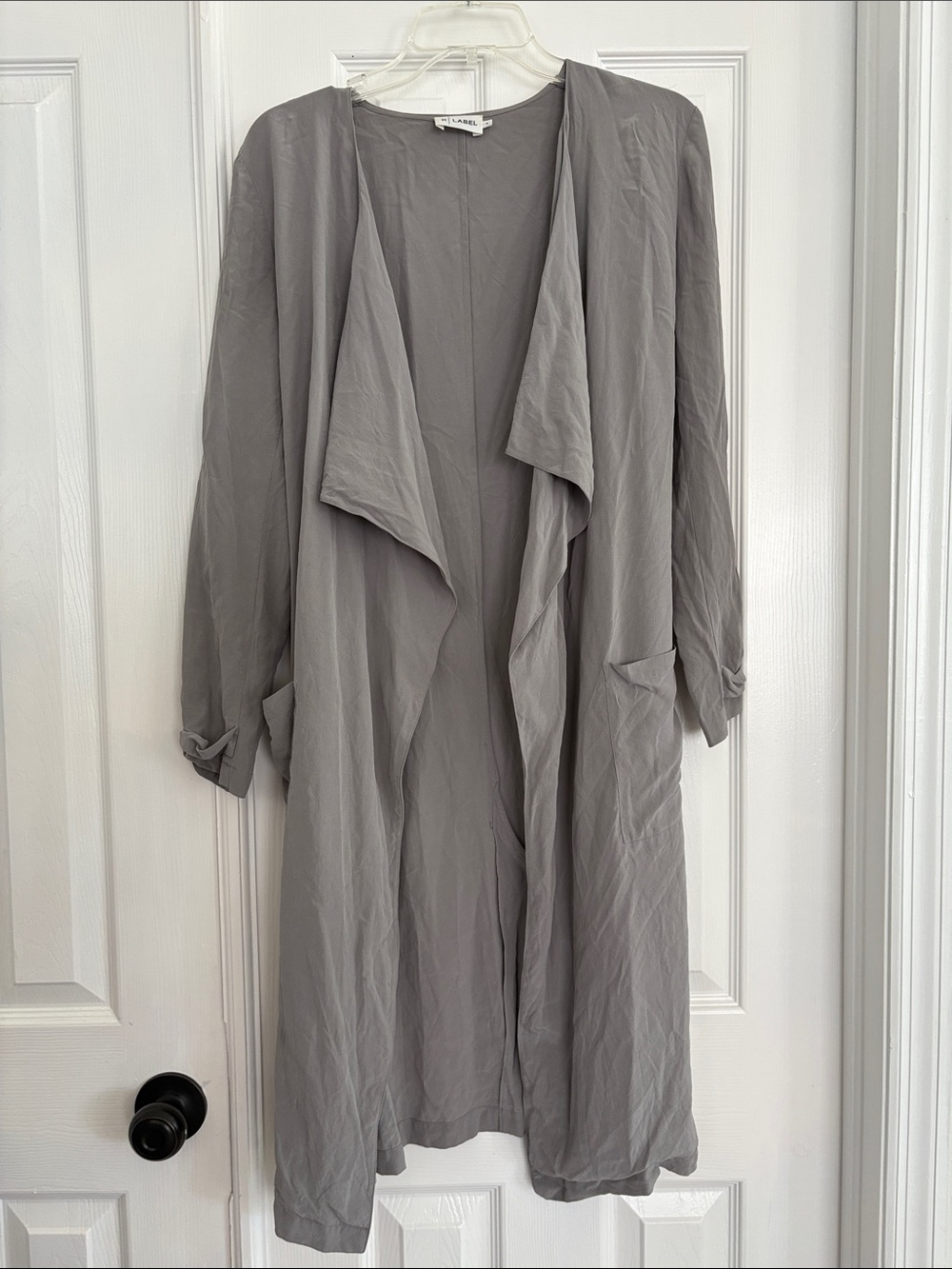 R LABEL by the Reset 100% Silk gray long line duster with belt Womens Size Small